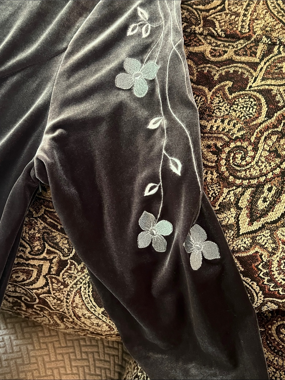 NWOT size 14 Papell Boutique Charcoal Velvet Maxi Dress with Embroidered Sleeves